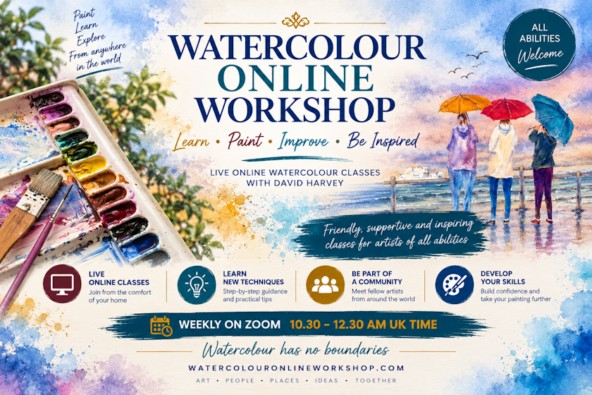 Watercolour Online Workshop banner for live weekly Zoom classes with David Harvey
